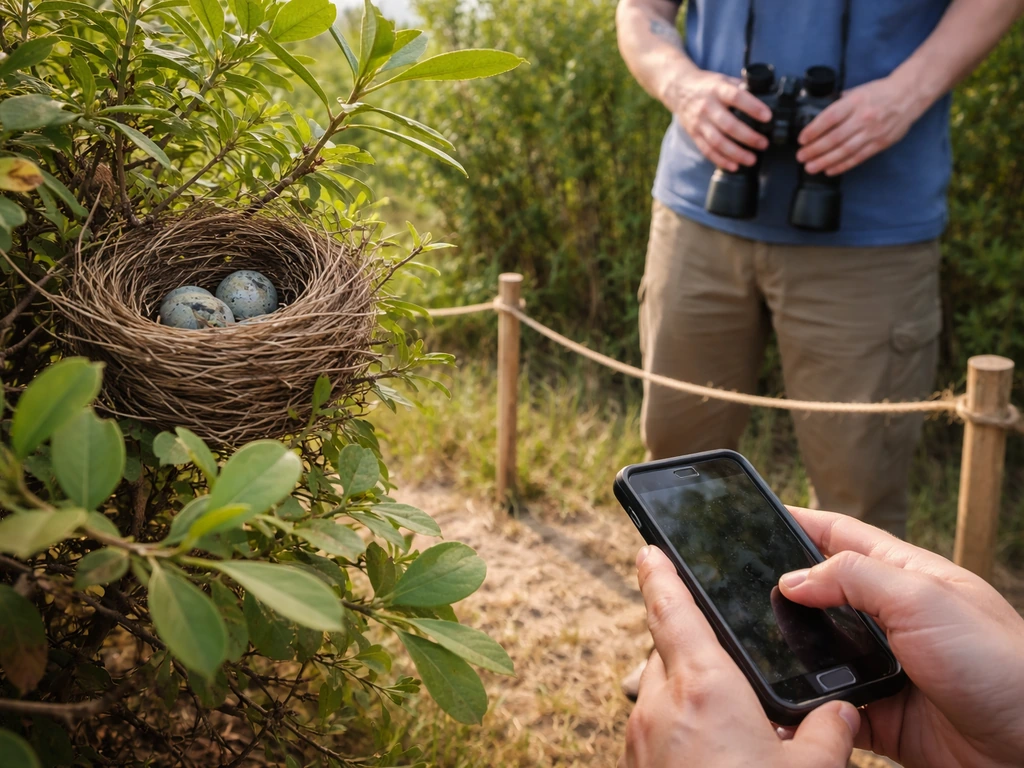 Small bird nest in a shrub with a person standing back behind a simple rope barrier, monitoring safely.