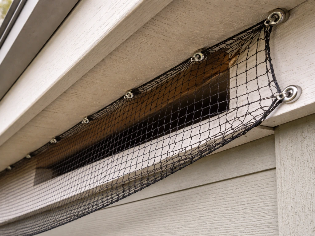 Close-up of taut exclusion netting fastened under an eave to block birds from an opening.