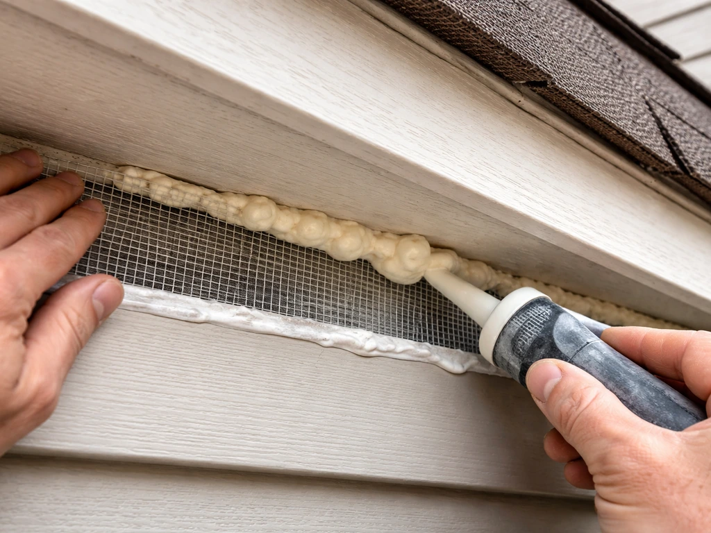 Close-up of hardware cloth and caulk sealing small roofline and under-eave gaps