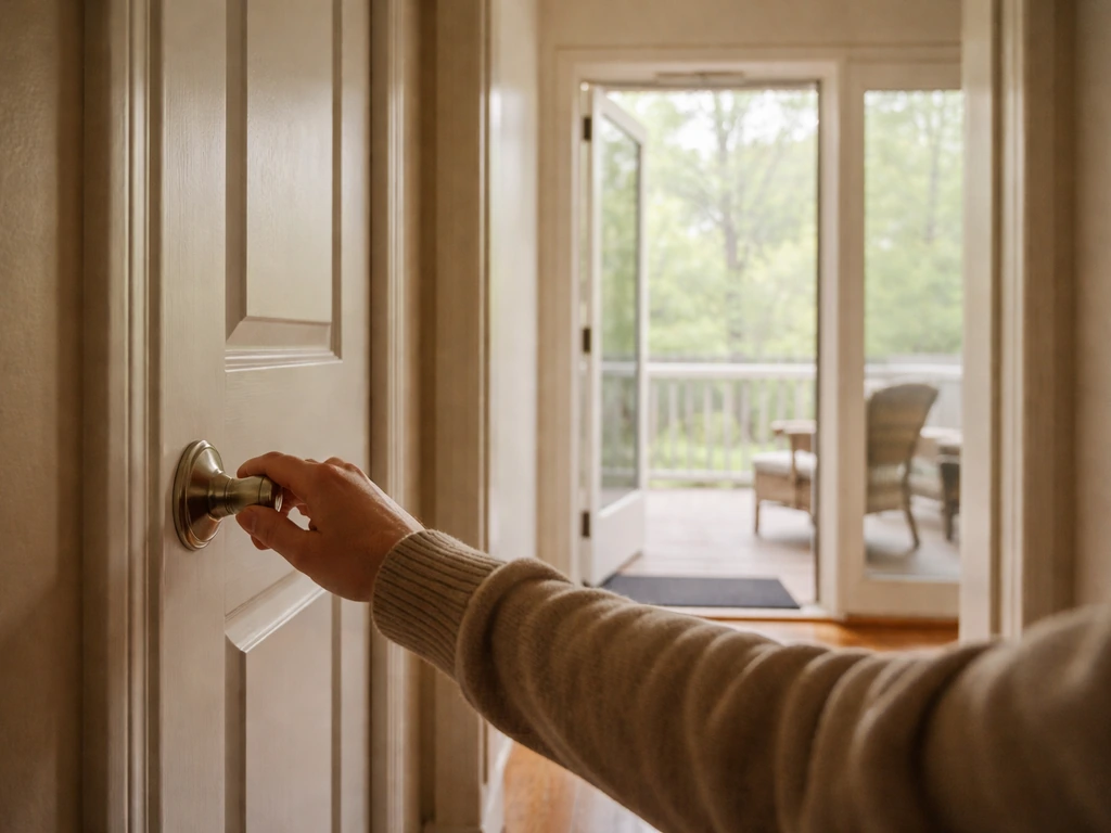 Calm home entryway with a closed interior door and a screened porch visible, pets kept away