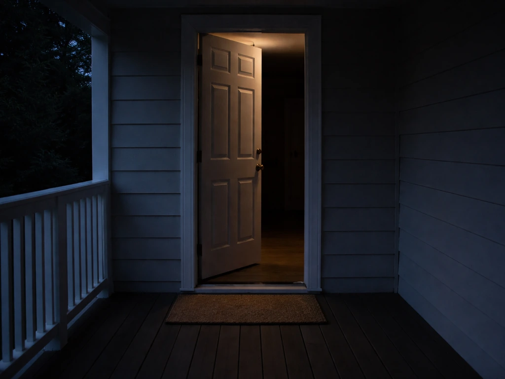 Dark porch at dusk with one wide door left open and porch lights turned off for a bird to exit