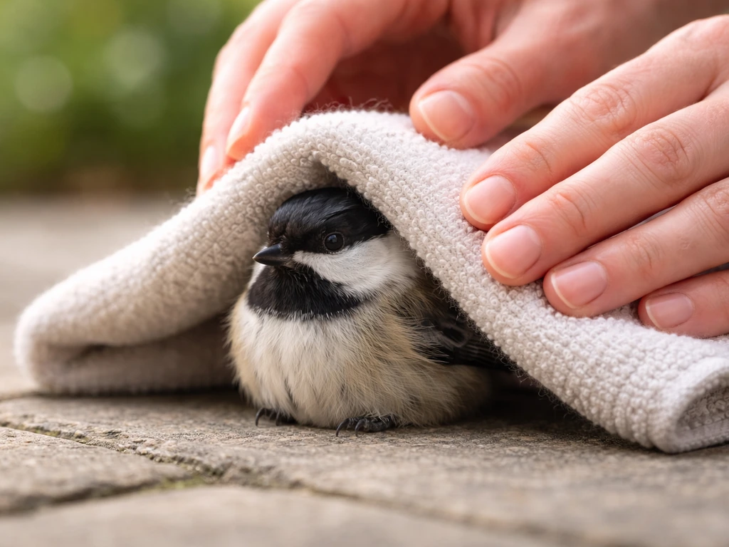 Gentle hands draping a towel over a small bird perched on a patio surface.