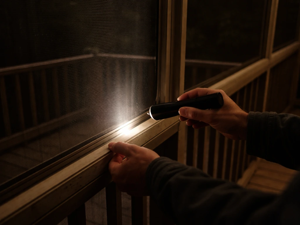 Hands with a flashlight inspecting the screened porch perimeter for an entry gap at night.