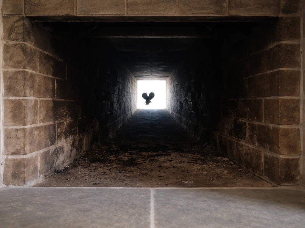 Small bird silhouetted in an open chimney flue, urgent feel, fireplace with clean hearth and minimal surroundings.