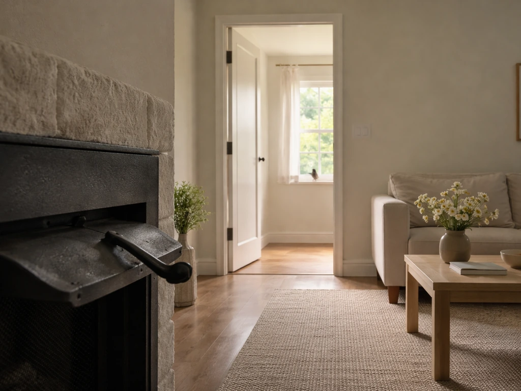 Empty living room with a closed fireplace damper and a small bird resting near a window.