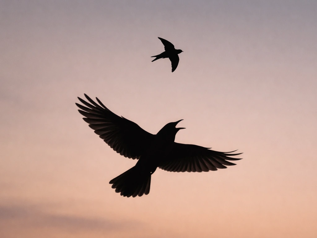 Two small dark birds in a quiet dusk sky—one swift-like silhouette and one larger flier silhouette calling.