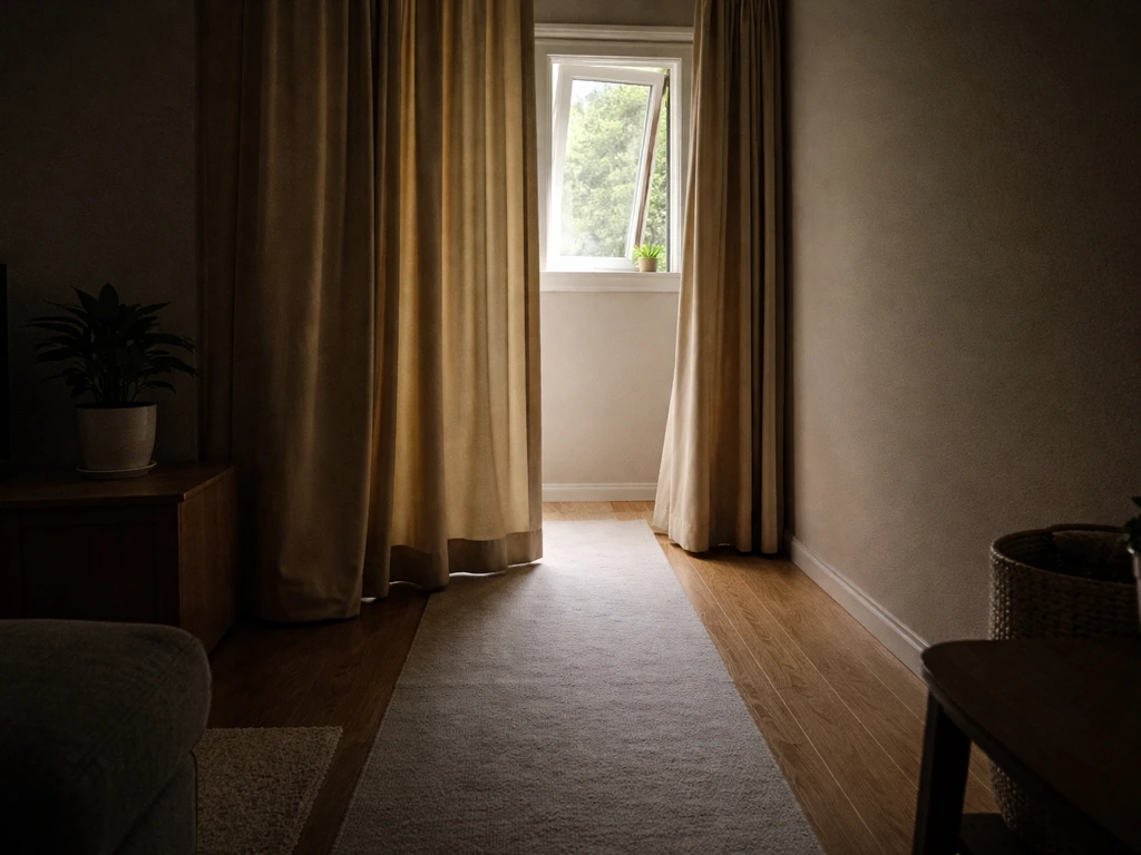 Daylit room with curtains partially closed and an open window door, showing light direction to guide a bird out.