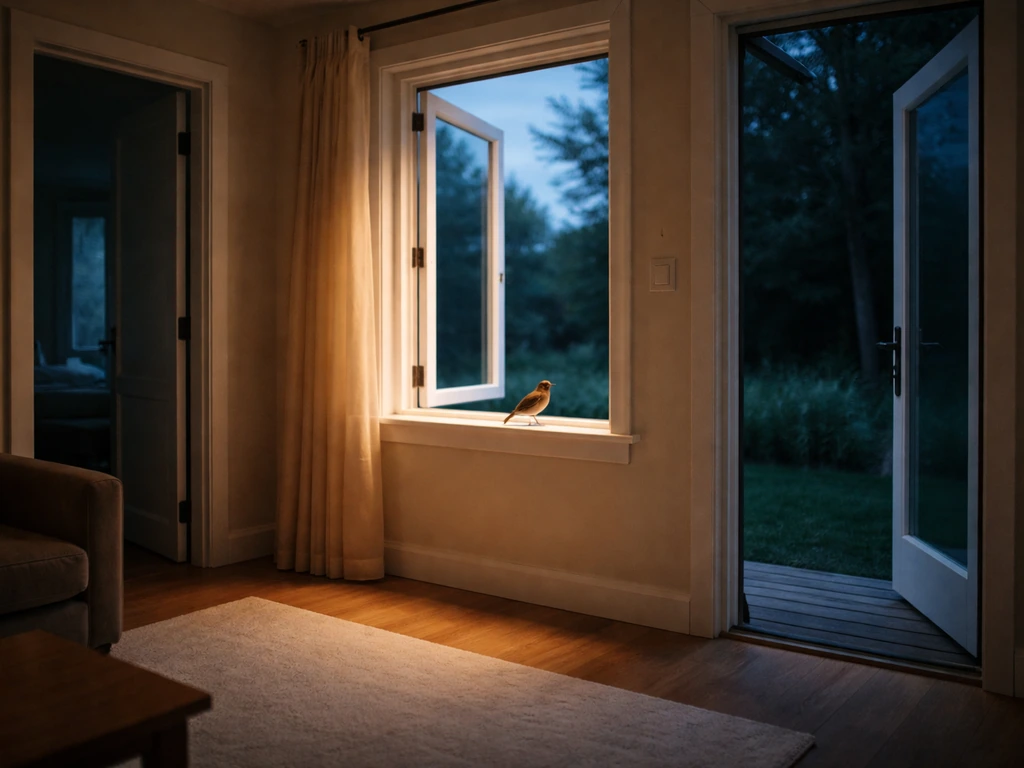 Calm indoor scene with a small bird near an open window, lights dimmed to encourage it to exit