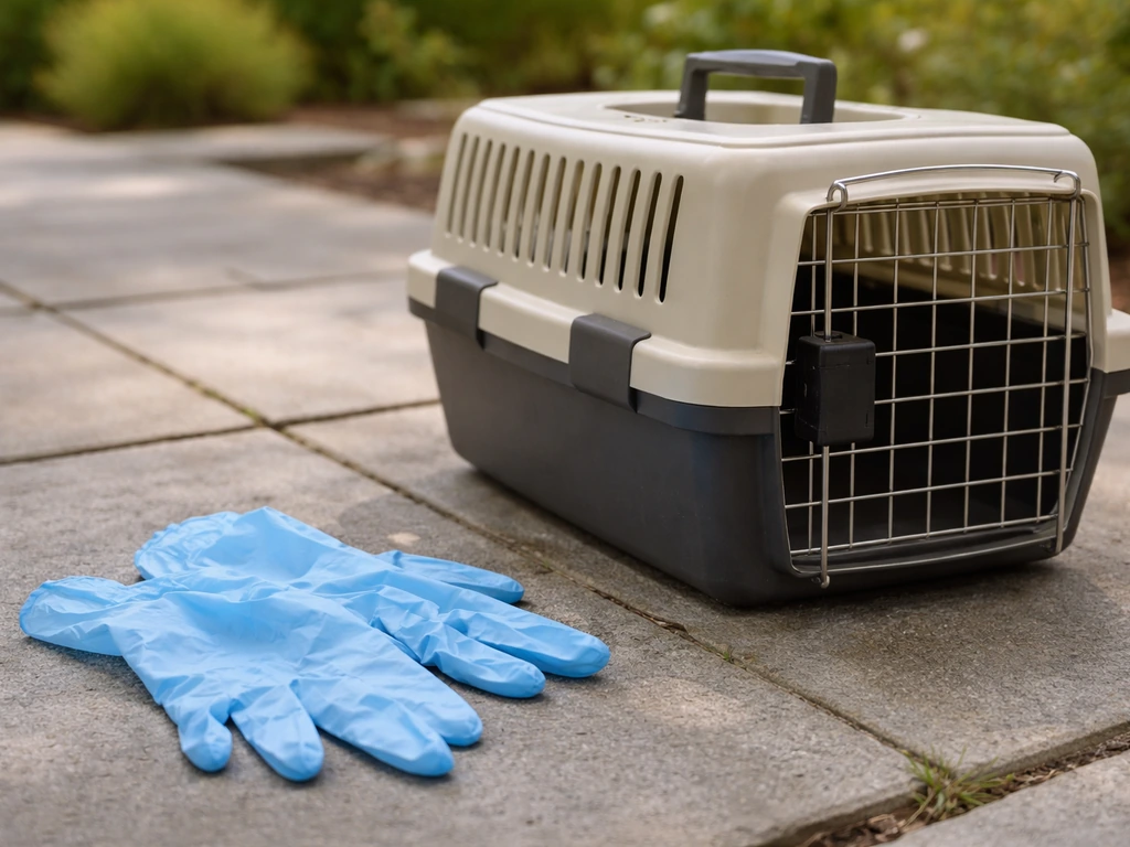 Gloves and a small ventilated carrier ready for safely transporting an injured storm bird.