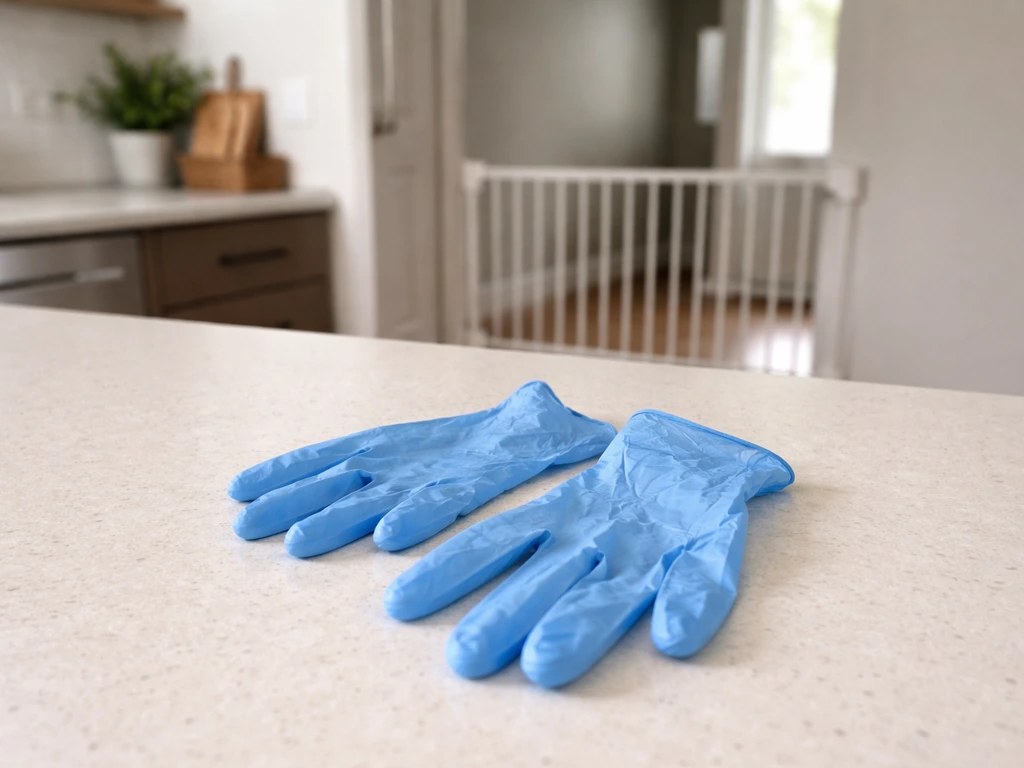 Disposable gloves on a kitchen counter with the room cleared, ready for safe bird handling.
