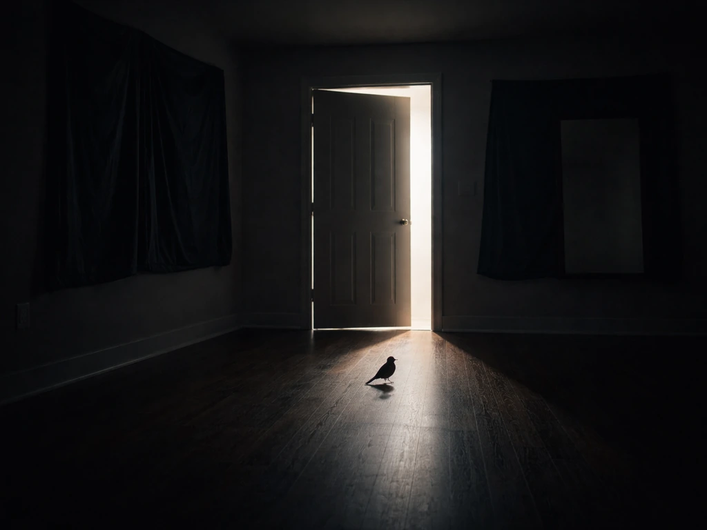 Small bird on a dark room floor facing a bright exit door light, with lights off and mirror covered.