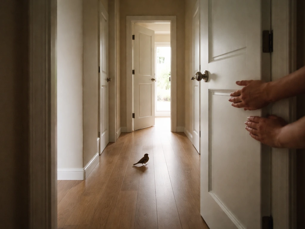 Hands closing an interior door in a hallway to confine a small bird toward the exit.
