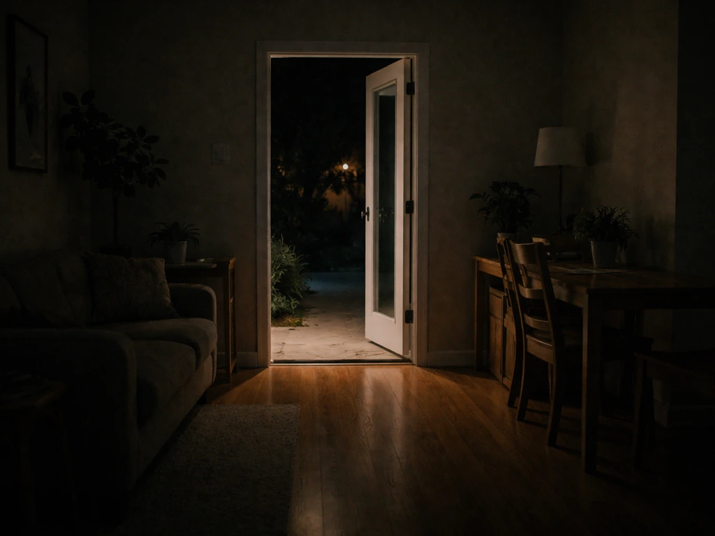 Nighttime bird removal setup with a single lit exit and a quiet dark room guiding the bird out