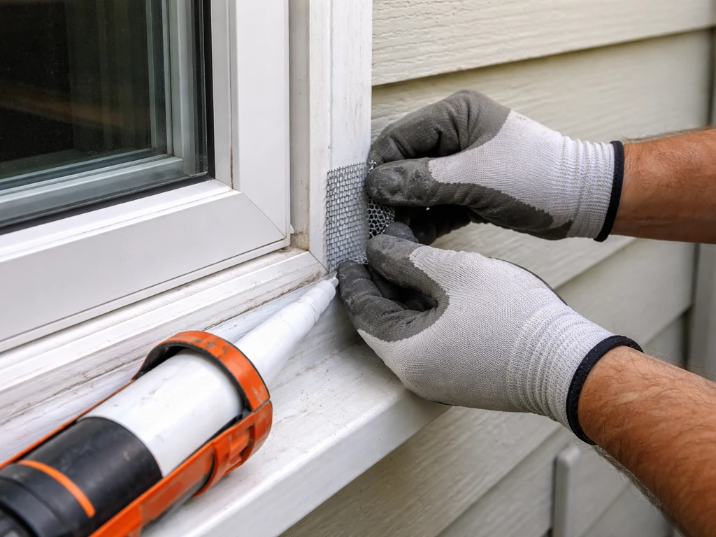 Gloved hands fitting hardware cloth over a window gap to seal entry points on an exterior wall.