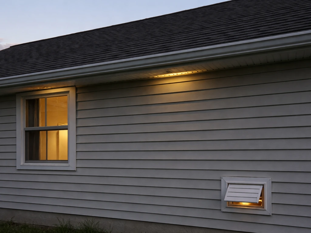 House exterior with visible gaps near a window, soffit, and vent showing where a bird might enter.