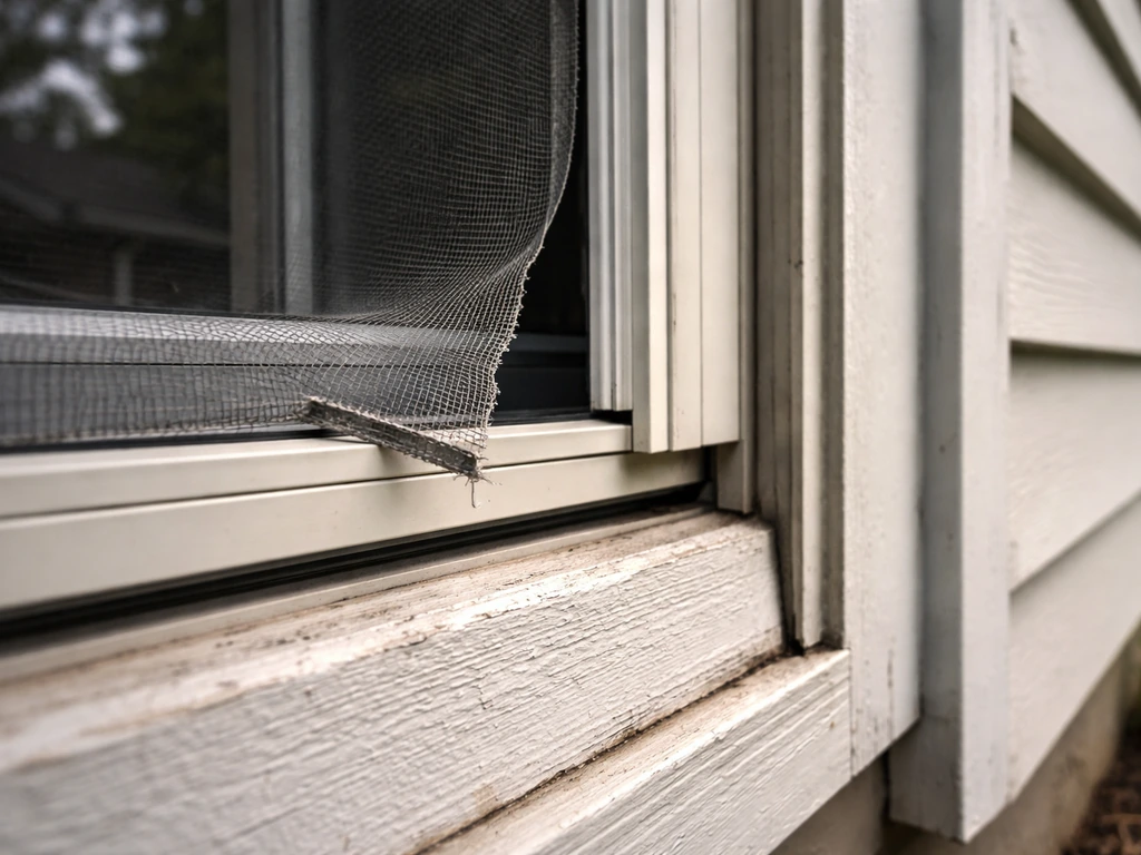 Close-up of an open ajar window and a small gap by a house door, showing an entry point for birds.