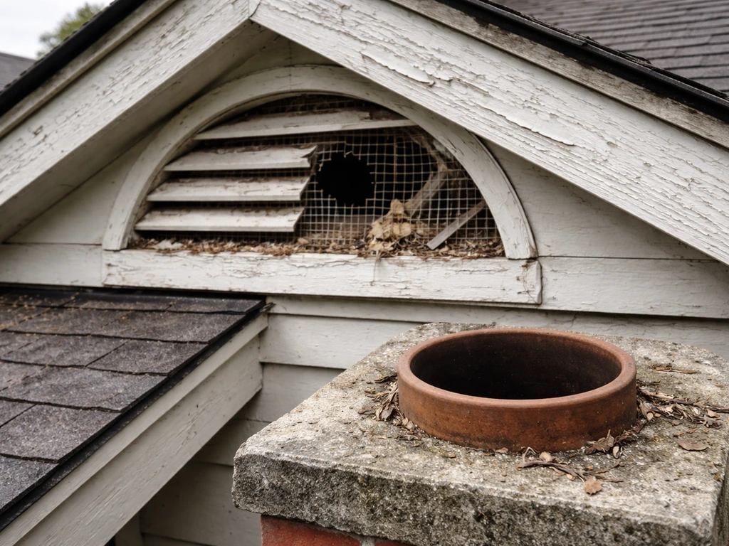 Close-up of a damaged soffit/gable vent and an uncapped chimney flue opening on a home exterior.