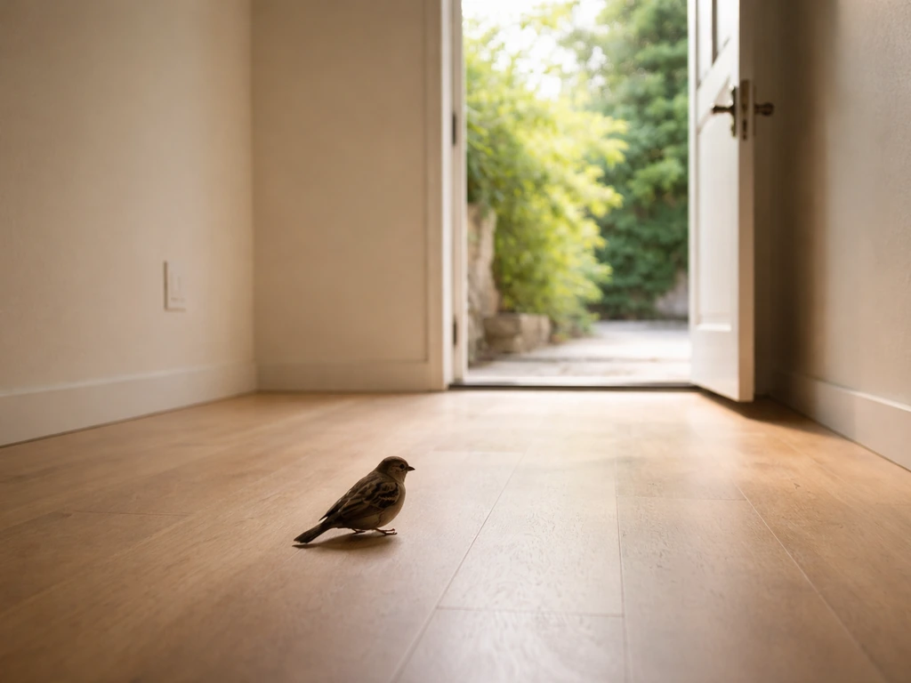 Calm bird near a dimmed room exit with an open door/window letting it fly out safely.
