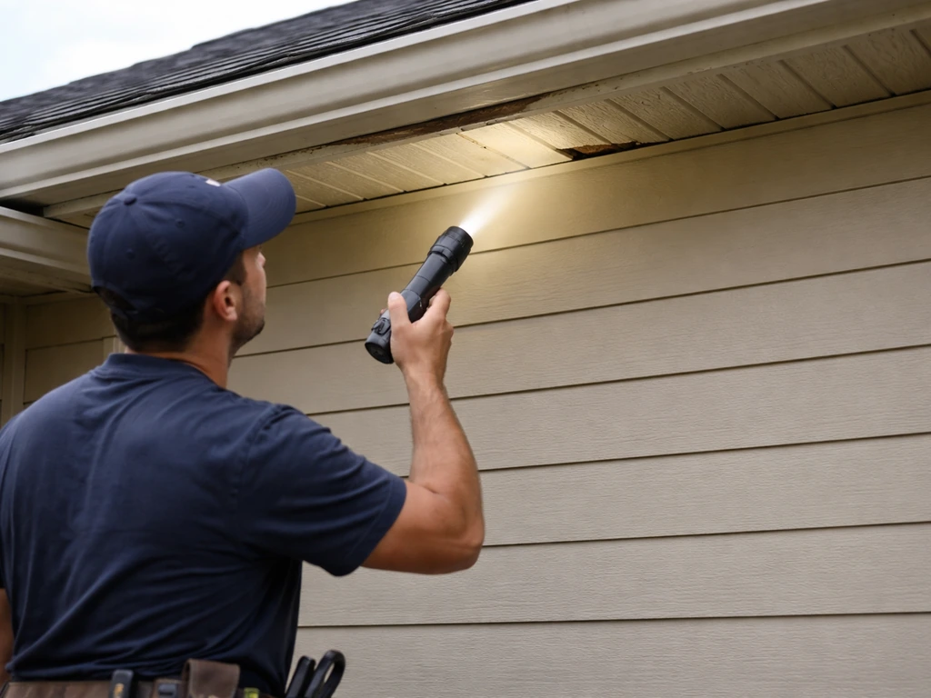 Home exterior inspection: worker with flashlight checking roofline and soffit for gaps or damage