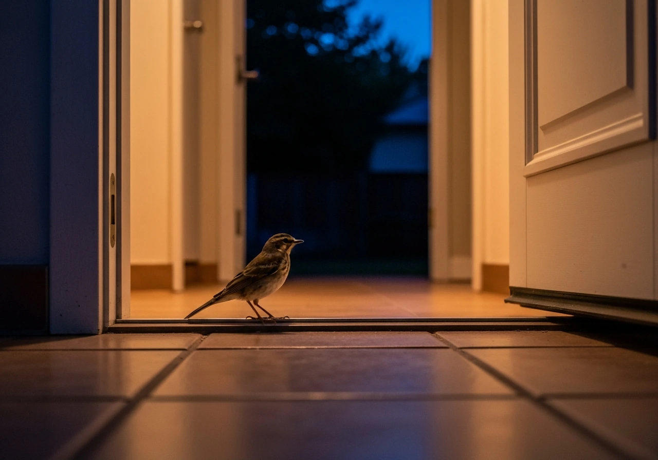 A small bird stands at an open doorway threshold, drawn toward dimmer interior light and outdoor light.