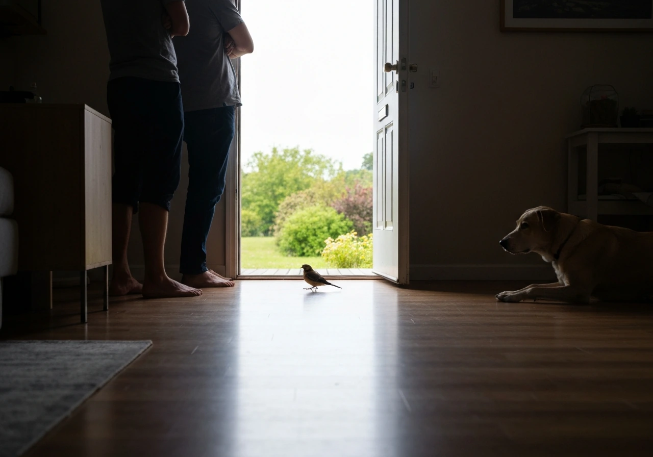 A small bird near an open door while people stand still and a quiet dog stays in the corner.