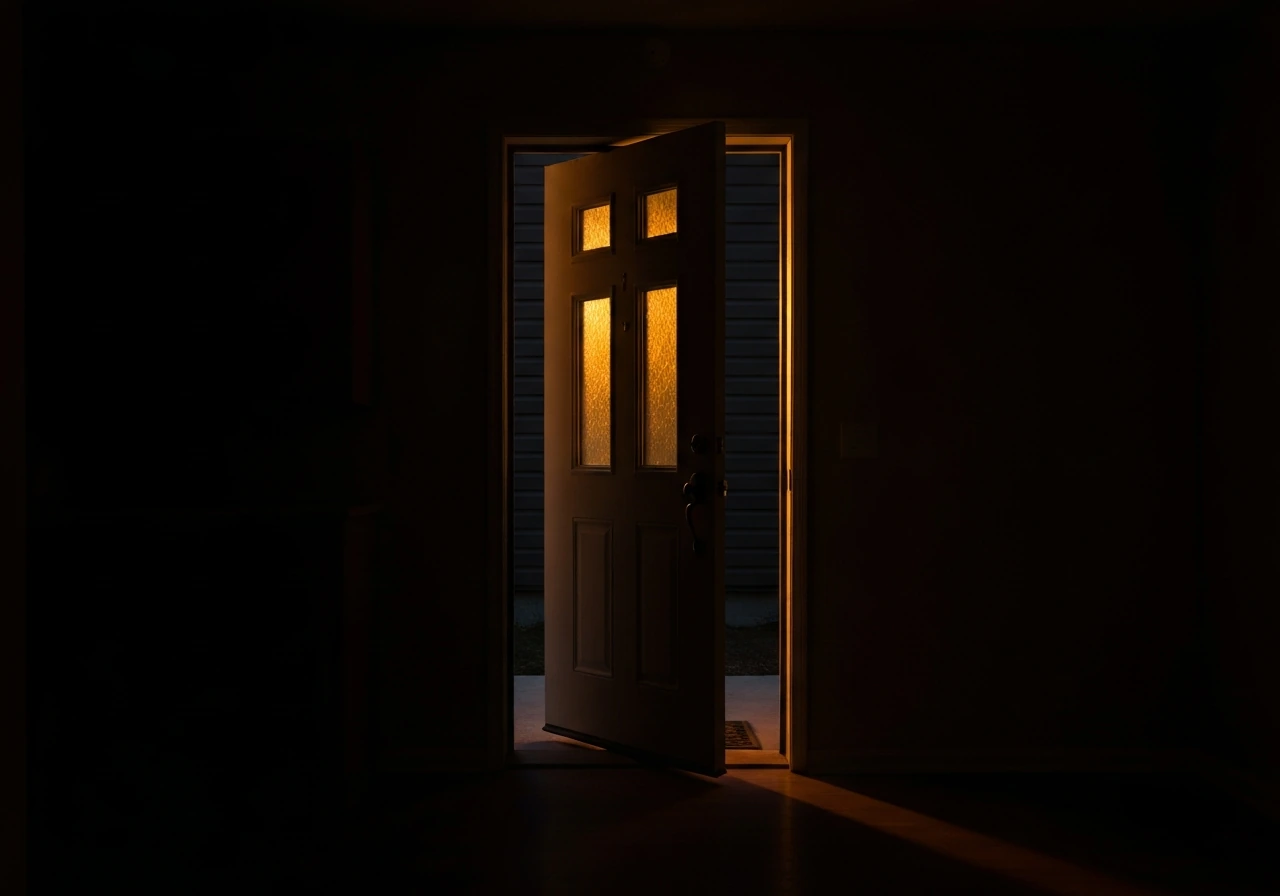 Warm light spills from an open exterior door while the interior behind it is fully dark.