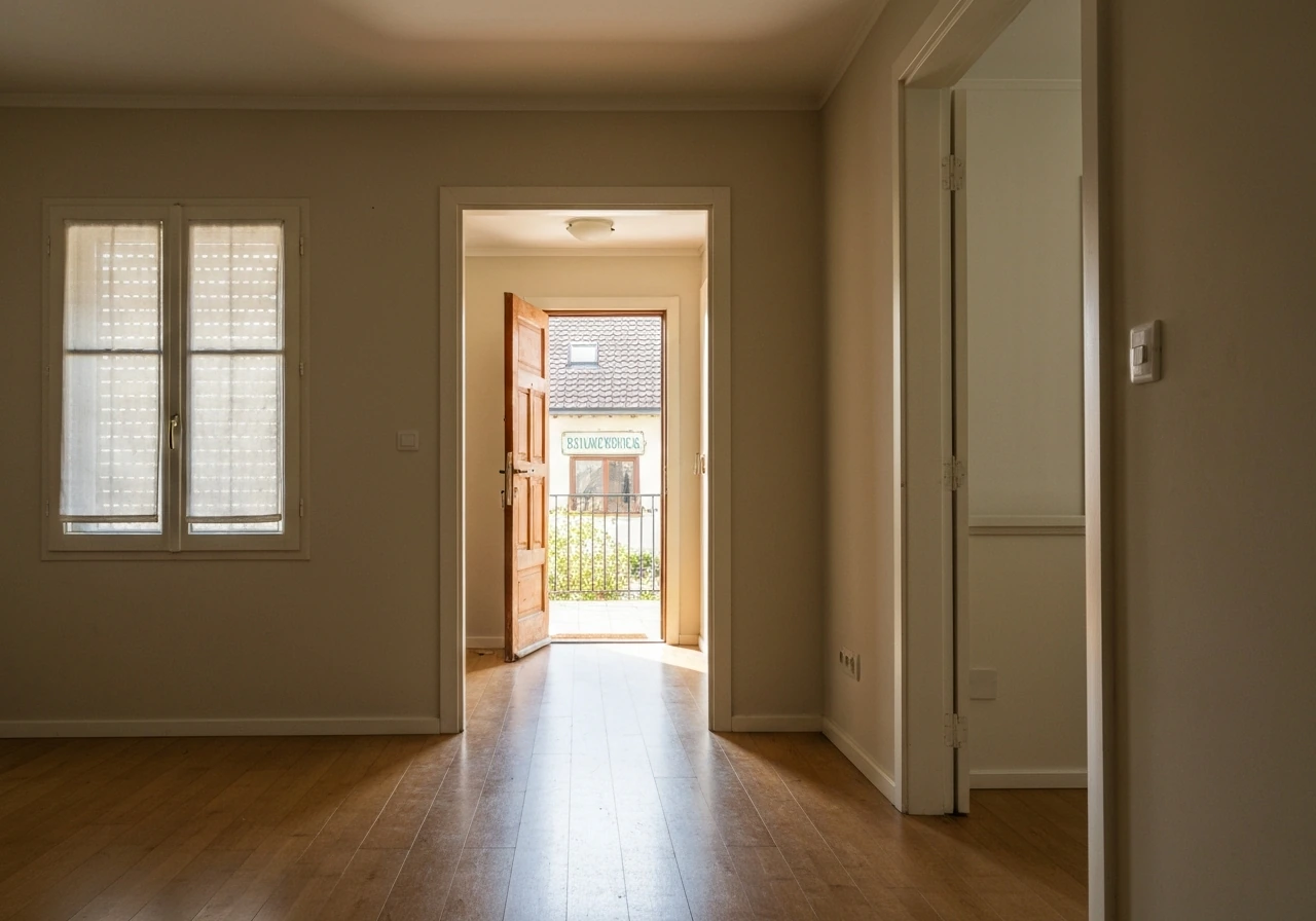 Quiet living room with a single open exit door and light funneling away from covered windows
