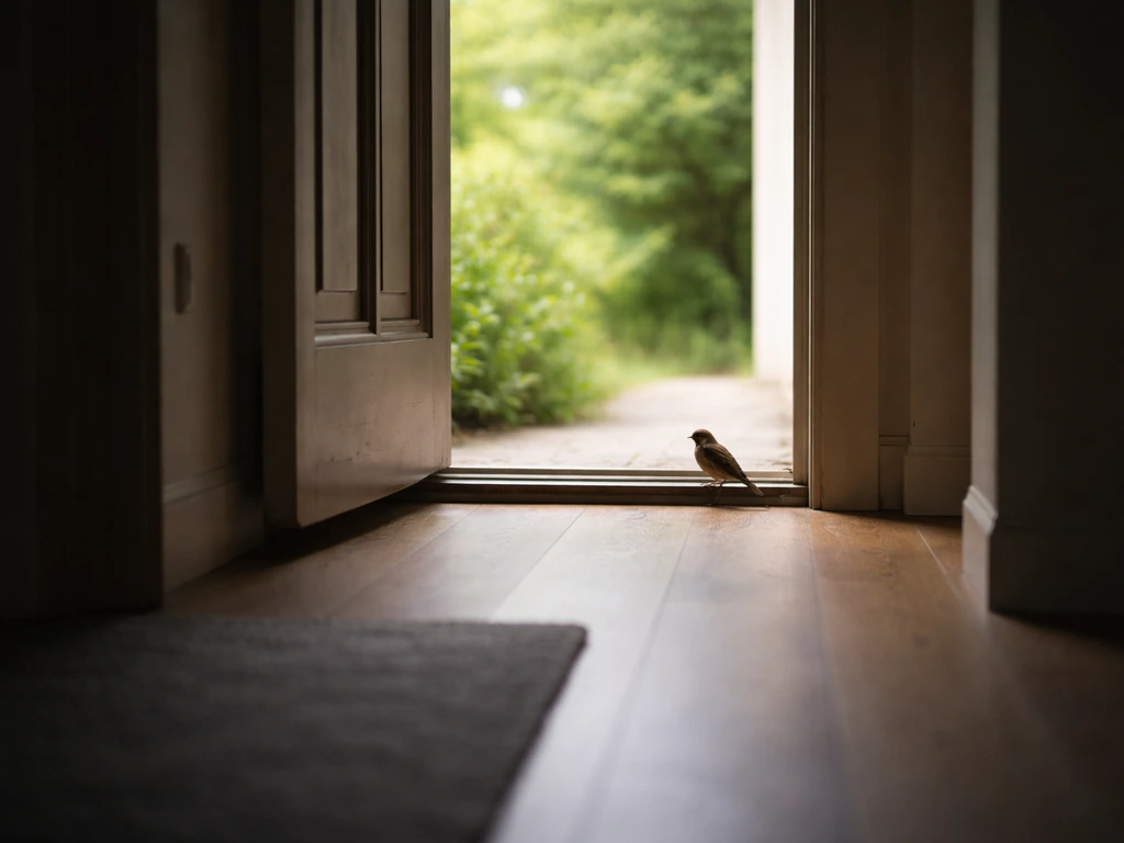 Small wild bird perched by an open exterior door with light leading outside for an escape route.