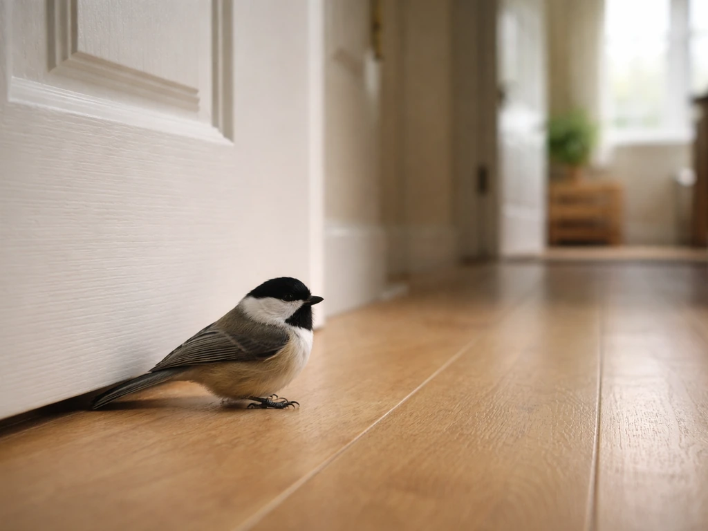 Small bird perched near a clearly closed interior door, suggesting it’s confined to one room area.