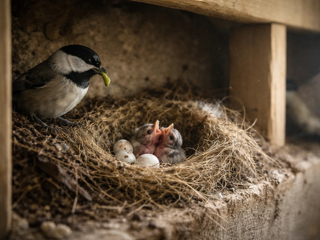 Inside an attic wall cavity, a bird nest with eggs and chicks and adult birds nearby.