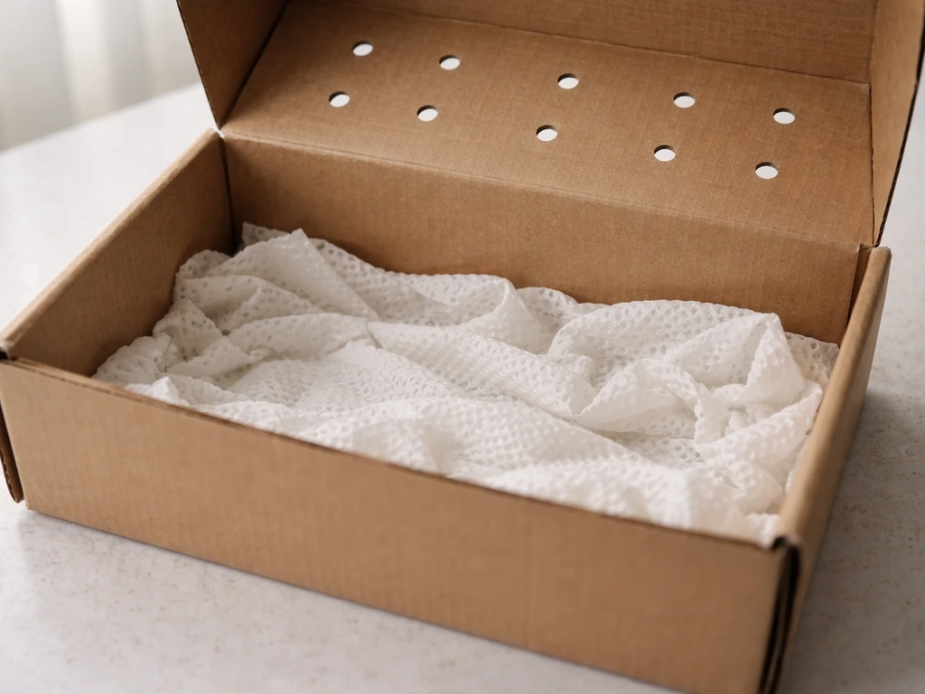 Cardboard box with crumpled paper towels inside and lid air holes, ready for temporary bird containment