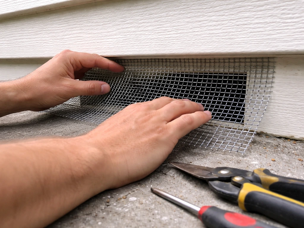 Hands fitting welded hardware cloth over a small vent opening to block gaps and improve exclusion.
