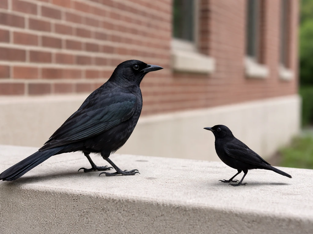 Large grackle perched beside a smaller blackbird silhouette near a brick building, showing size difference.