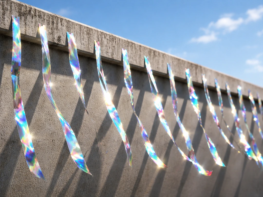 Holographic reflective tape strips flutter along a building parapet edge, catching sunlight in wind.