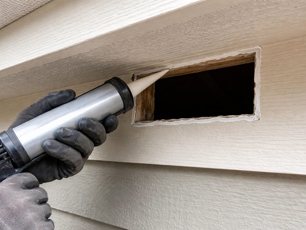 Worker sealing a small soffit/attic opening with sealant to block bird entry