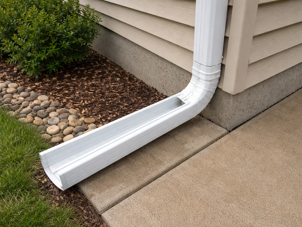 Clean, sloped gutter with no standing water near a building foundation