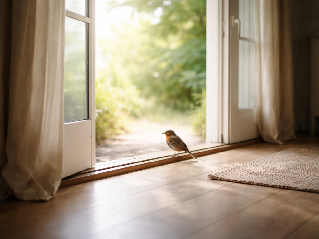 Small bird calmly guided toward an open window with bright light, doors shut, no person visible.
