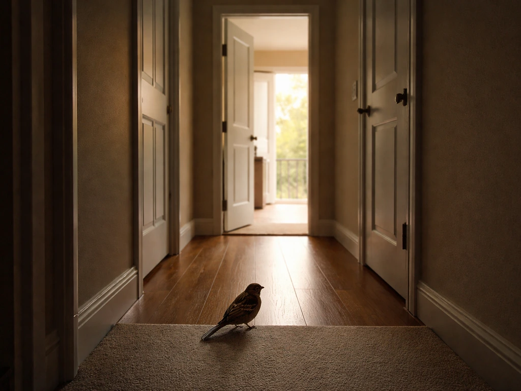 Bright open doorway with a small bird near it; other doors closed and hallway lights dimmed.