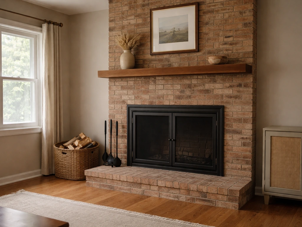 Closed fireplace damper with doors and a nearby window shut in a quiet living room.