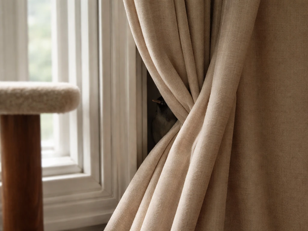 Close view of a living-room curtain corner with a bird-like silhouette peeking from behind drapes