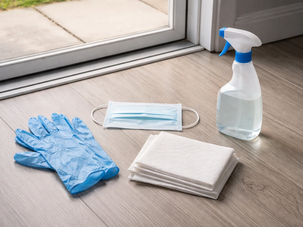 Disposable gloves, mask, and paper towels with disinfectant spray staged for bird droppings cleanup.