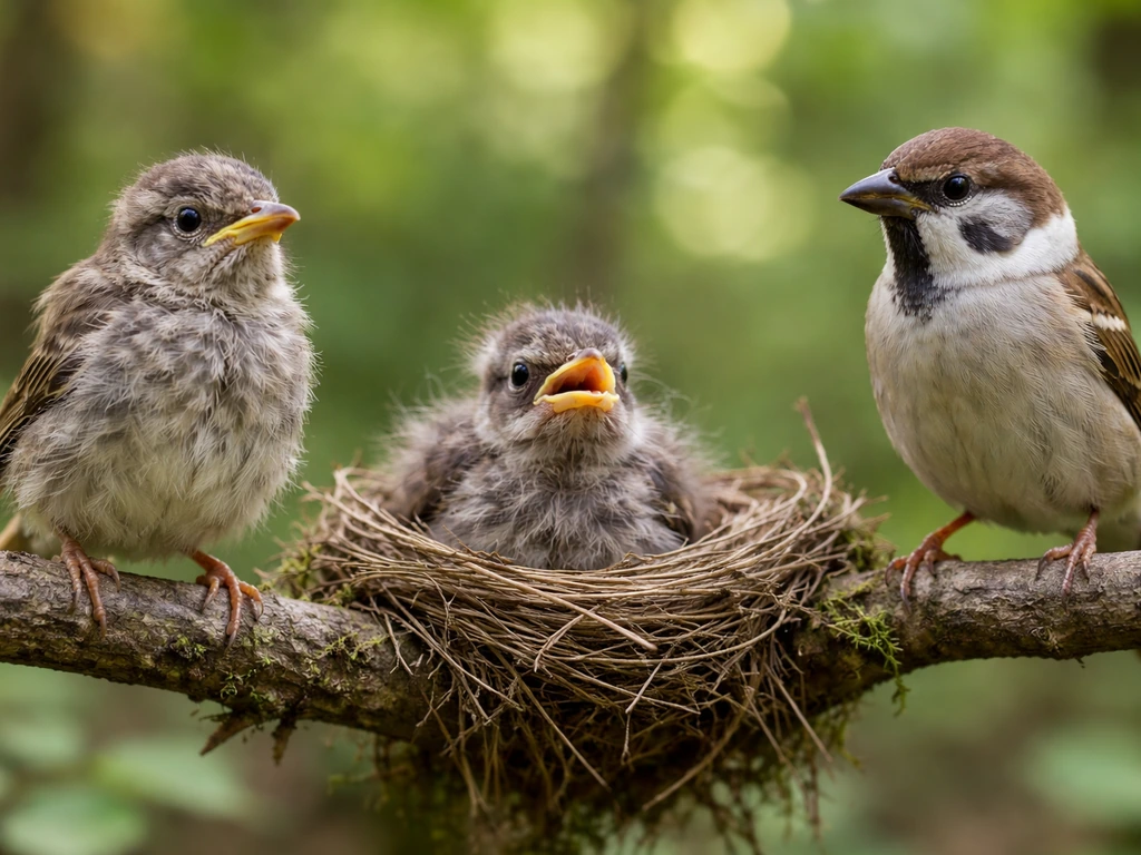 Three small birds show fledgling, nestling, and adult differences in feathering and posture.