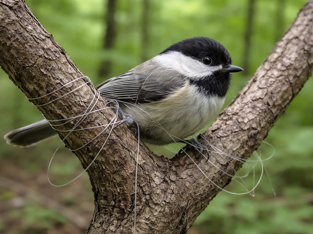 Close-up of a small bird caught in fishing line draped around a forked branch, needing help