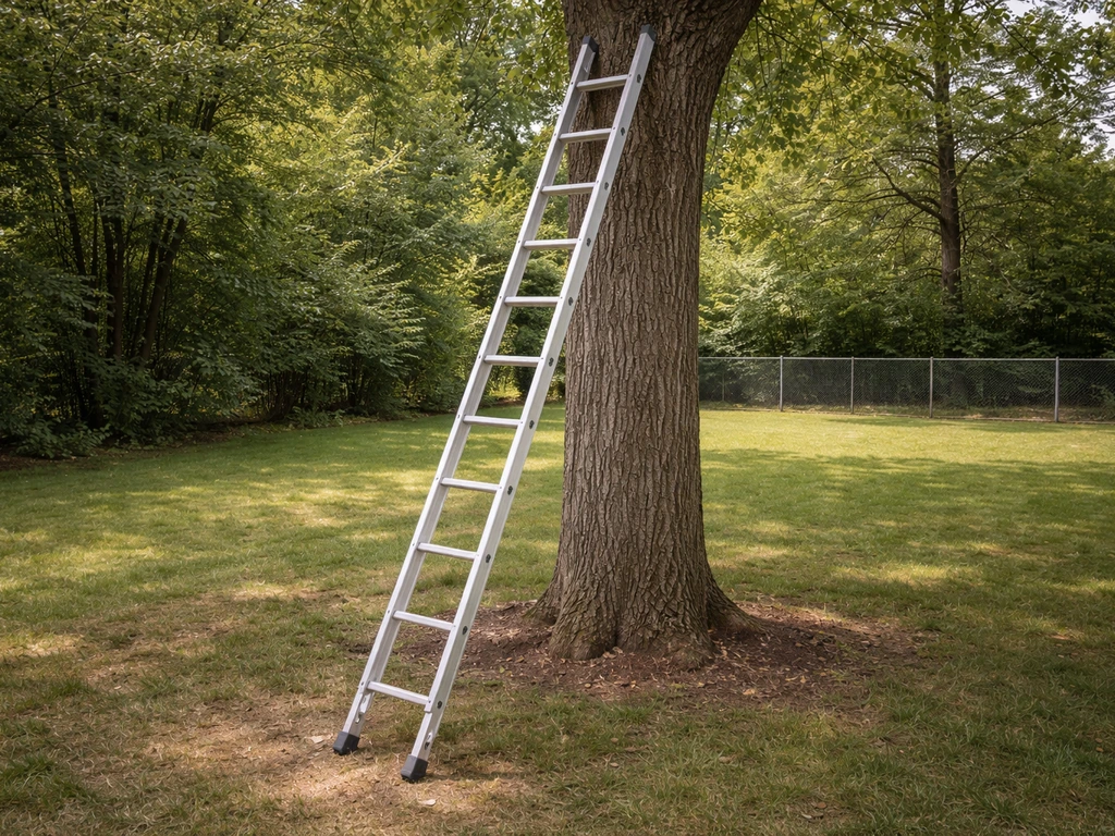 Extension ladder safely angled with secure contact against a tree on stable, level ground.