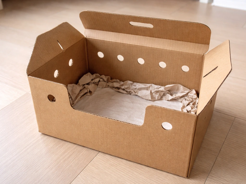 Cardboard transport box with ventilation holes, lined base, and minimal space for a bird to stand safely.