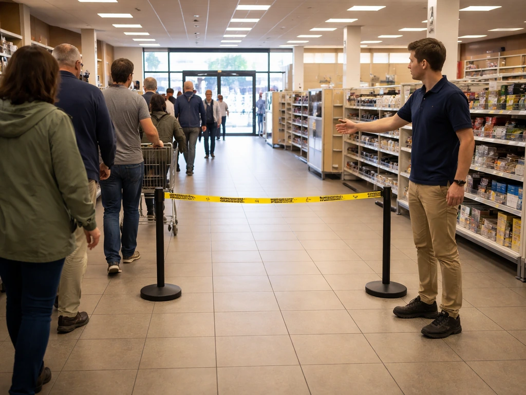 Store entrance aisle cleared as staff cordon off area and customers step back calmly during a loose bird incident.