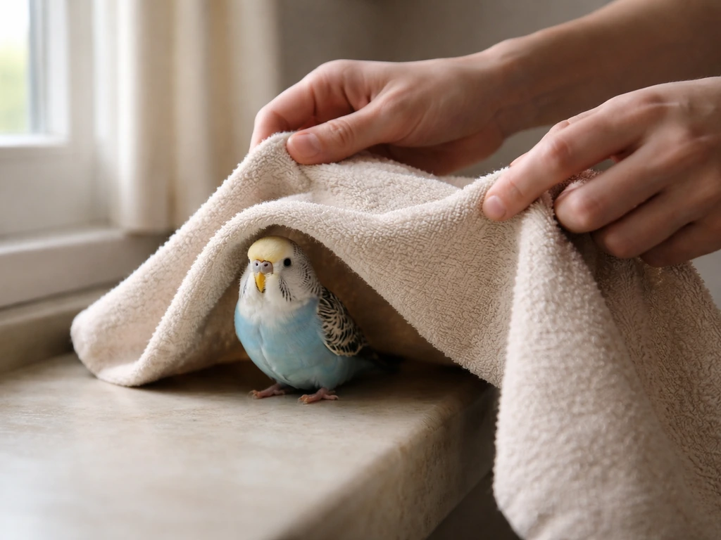 Hands gently drape a large towel over a perched bird in a quiet room.