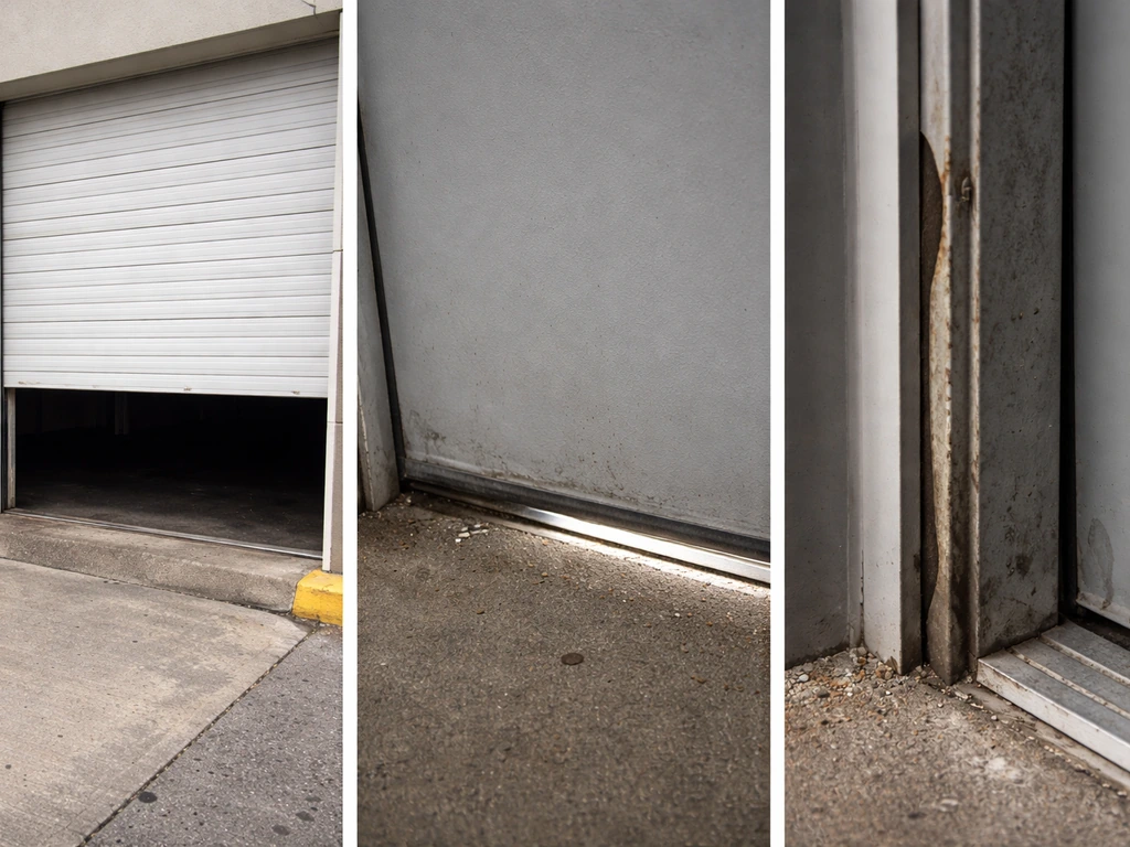 Close-ups of a loading dock door ajar, a gap under an exterior door, and worn weatherstripping seals.