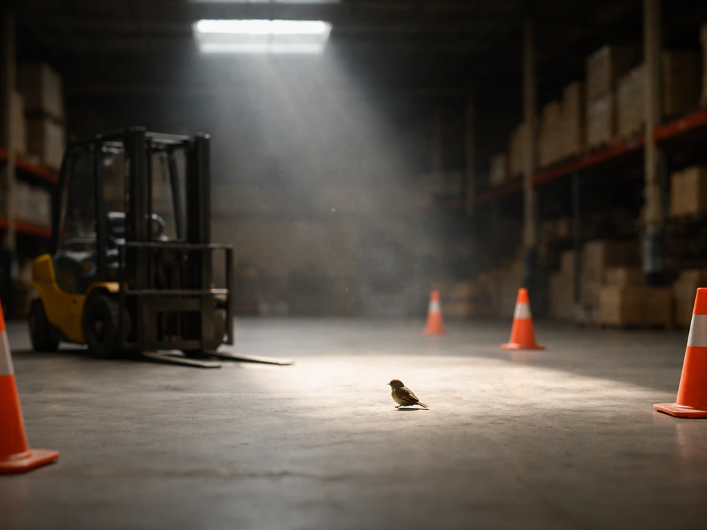 Small bird near a warehouse skylight while forklifts are paused and a clear safety perimeter is set.