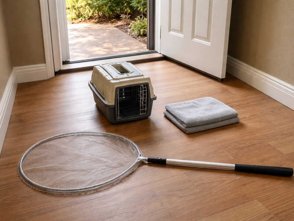 A quiet home entryway prepared for humane bird capture: door open and a staged carrier with a towel